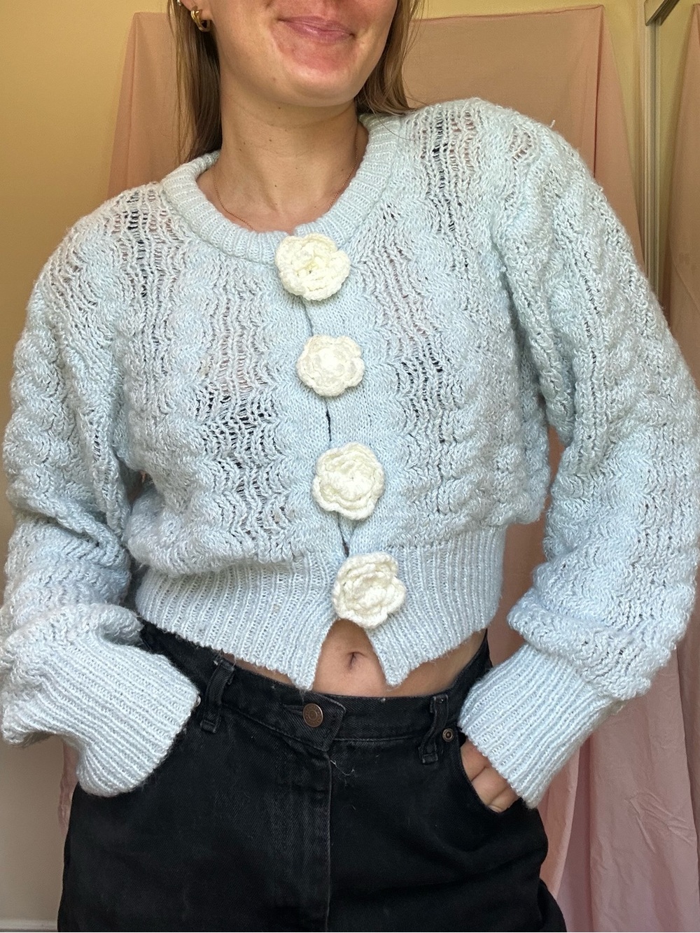 Urban Outfitters Light Blue Cropped Knit Cardigan with Cream Flower Buttons